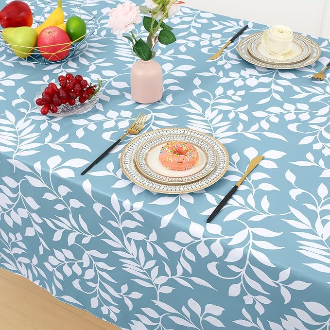 misaya Rectangle Waterproof Vinyl Table Cloth, Wipeable Tablecloth with Flannel Backing, Plastic Table Cover for Dinner, Picnic, Indoor and Outdoor (Blue Leaves, 54" x 54")
