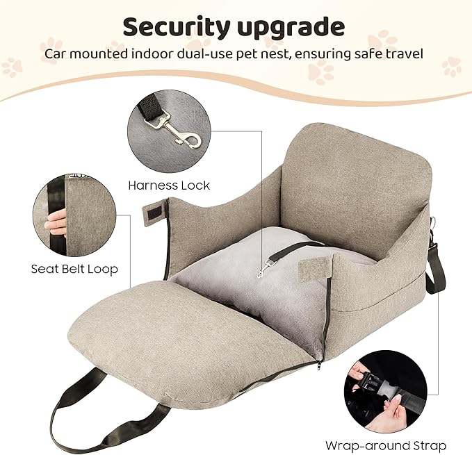Dog Car Seat for Small/Medium Dogs.Water Repellent with Storage Pockets.Doubles as a Pet Travel Bed for Dogs Up to 40 lbs. Machine Washable Dog Carrier- Brown