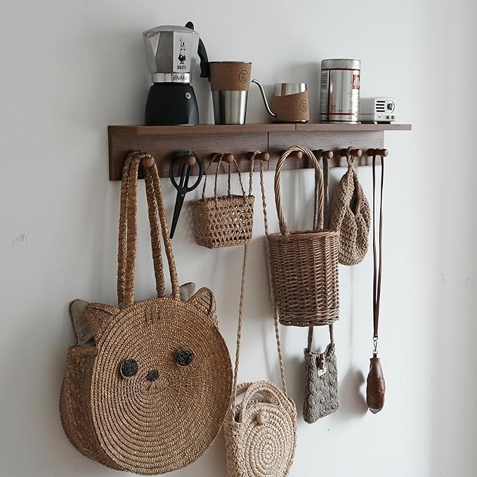 Entrance Coat Rack ,Coat Hooks, Wall-Mounted Wooden Hook Rack, Wall-Mounted Shelves are Very Suitable (Teak Colored Finish)