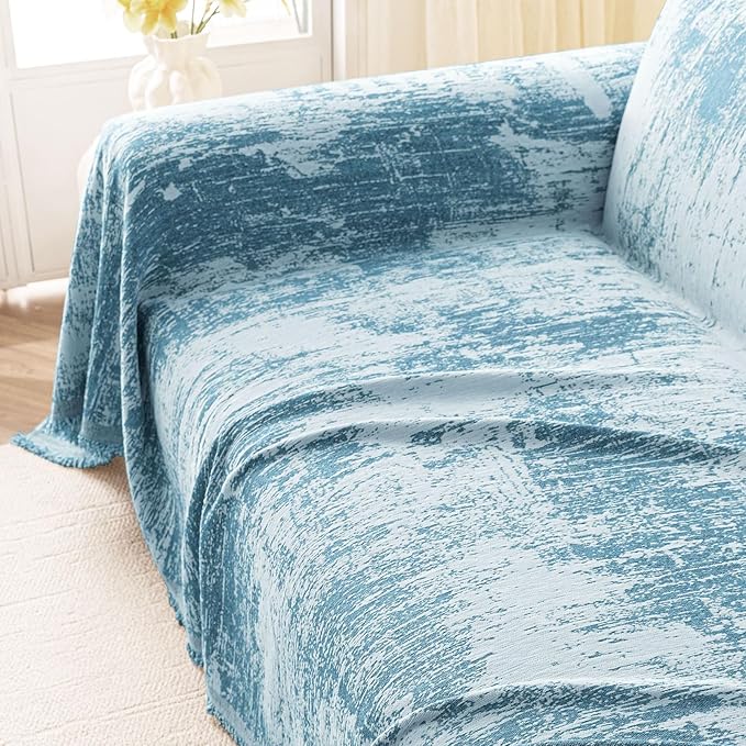 hyha Couch Cover for Dogs, Boho Sofa Covers for 3 Cushion Couch Washable, Chenille Sofa Slipcover for Pets, Soft Loveseat Sectional Couch Throw Blankets with Tassels (Blue/White, 71x150 Inch)