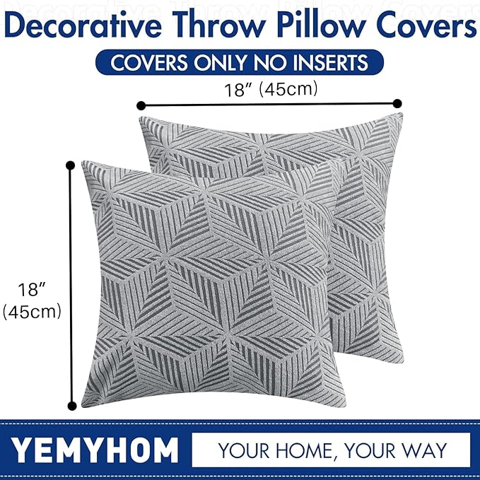 YEMYHOM Pack of 2 Throw Pillow Covers 18 x 18 Inch High Stretch Jacquard Pillowcase for Couch Sofa Living Room Home Decor, Light Gray