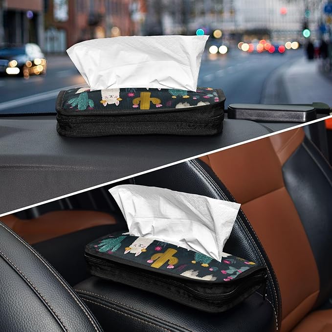 Car Tissue Holder Car Napkin Holder Car Tissue Box Dispenser Storage Case Sun Visor Mask Holder with Adjustable Straps Reusable Refillable White Llama Green Cactus