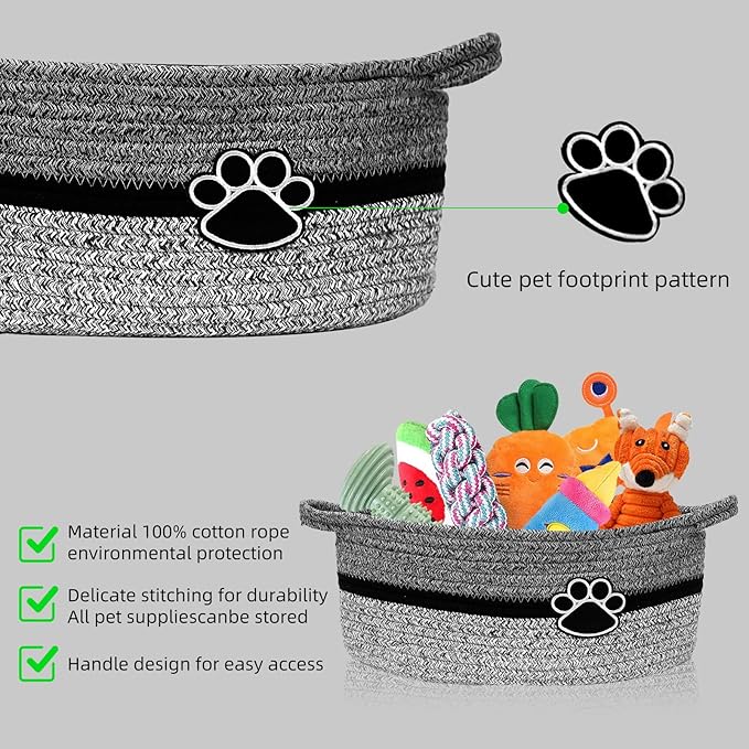 Small Woven Baskets for Organizing Rope Storage Basket with Handle Cute Cotton Basket for Nursery Gift Dog Toy Storage Bins for Toy Organizer-Black&Grey