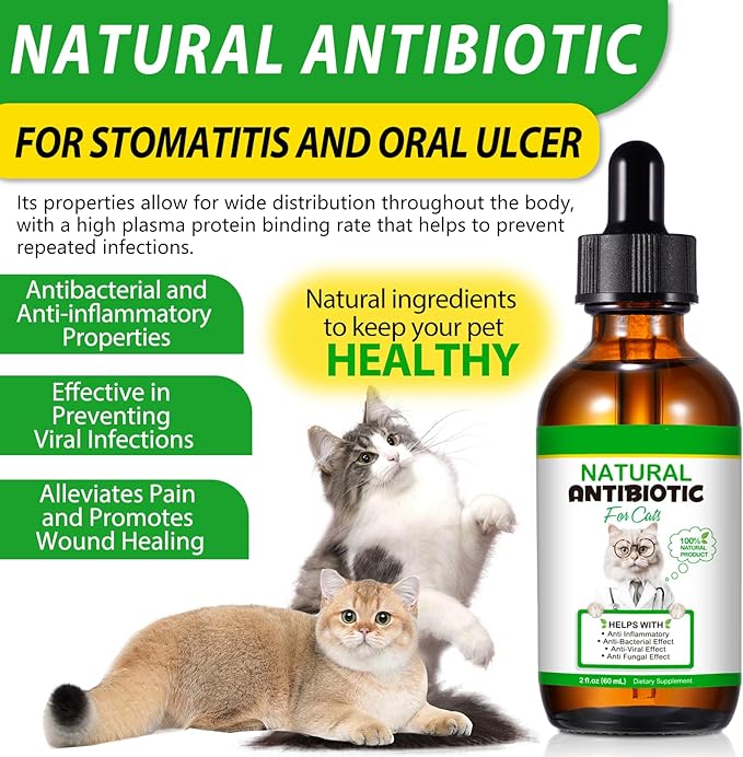 Antibiotics for Cats Supports Immune & Allergy Relief 60ml, Natural Cat Antibiotics Liquid Drops - Fast Absorption, Digestive Aid, Urinary Tract, Skin, Ear & Dental Infection.