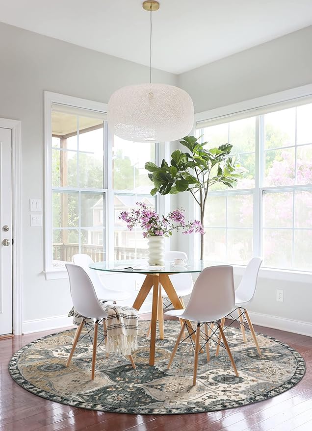 Lahome Moroccan Washable Round Rug 5ft, Soft Vintage Circle Rug for Dining Room Office Bedroom Bathroom Entryway, Distress Non Slip Low Pile Stain Resistant Accent Rug Elise, Grey