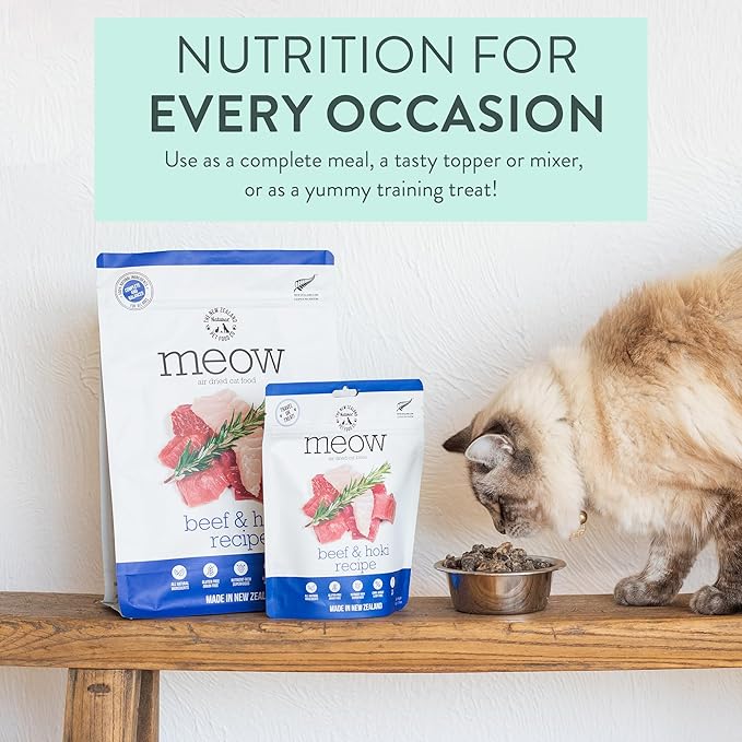 The New Zealand Natural Pet Food Co Meow Air Dried Cat Food - Beef & Hoki Recipe,High Protein Dry Cat Food, Training Treats, Meals & Toppers,3.5oz