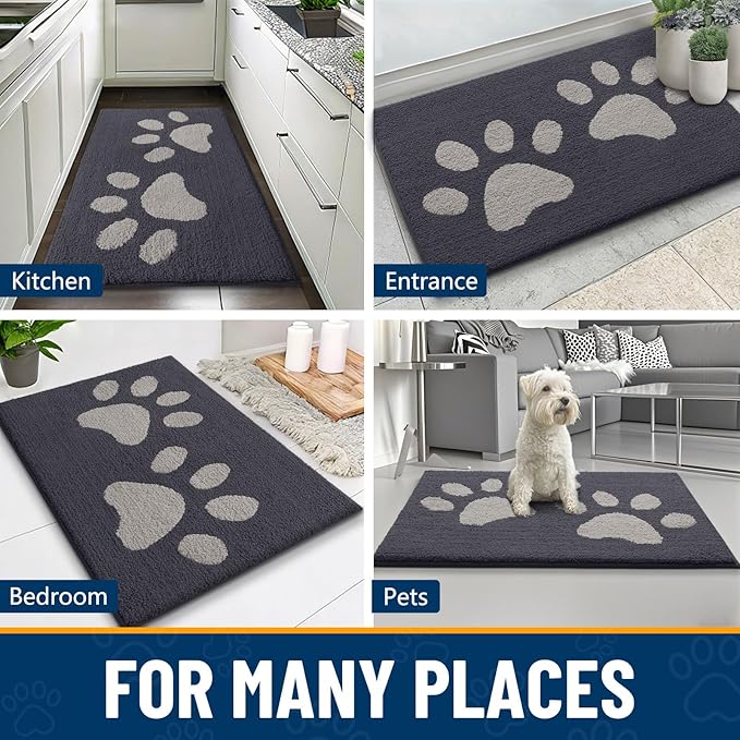 Smiry Dog Door Mat for Muddy Paws, Absorbs Moisture and Dirt, Low-Profile Entryway Mat with Non-Slip Backing, Entry Indoor Outdoor Doormat for Inside Floor (59x35 Inches, Dark Grey, Paw)