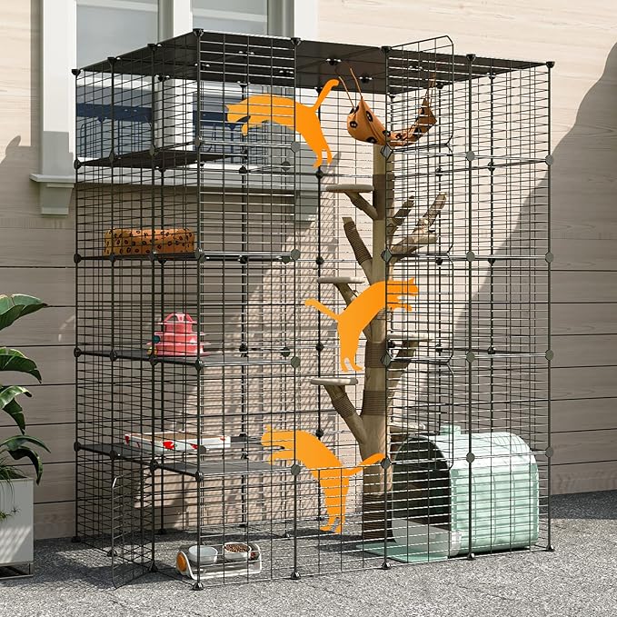 Oneluck Outdoor Cat House Cages Enclosure with Super Large Enter Door, 55L x 41W x69H Balcony Playpen with Platforms, DIY Kennels Crate Large Exercise Place Ideal for 1-3 Cats (Without Platform)