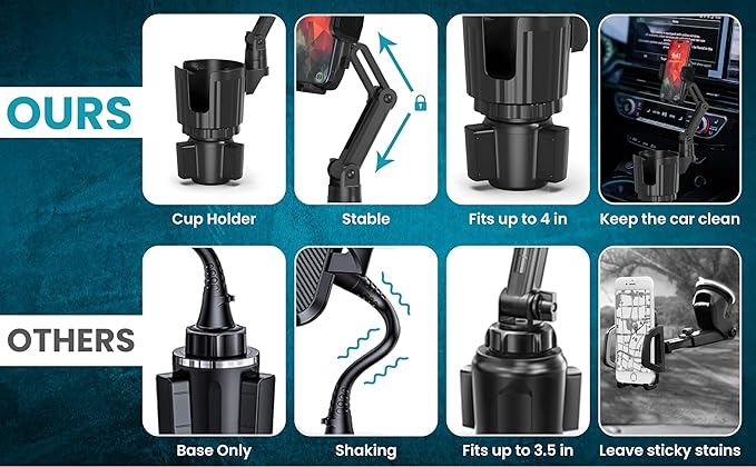 Phone Holder & Phone Mount for Car & Cup Holder Expander – 2-in-1 for Smartphones, Bottles, Tumblers & Coffee Mugs – Strong Clamp, Anti-Shake, 360° Rotation
