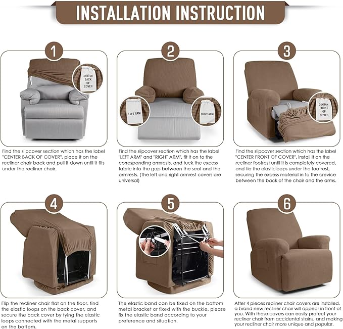 TAOCOCO Recliner Cover 4-Pieces, Recliner Stretch Sofa Slipcover, Recliner Cover 1 Seat, Couch Protector Soft, Furniture Protector Covers with Elastic,Chair Covers Jacquard Pattern (Khaki)