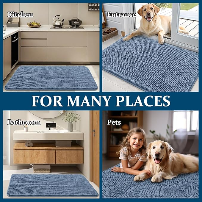 OLANLY Dog Door Mat for Muddy Paws 47x20, Absorbs Moisture and Dirt, Absorbent Non-Slip Washable Doormat, Quick Dry Chenille Mud Mat for Dogs, Entry Indoor Entryway Carpet for Inside Floor, Airy Blue