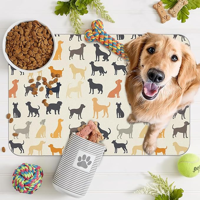 Cute Dog Cat Food Mat,Color Silhouette Absorbent Pet Feeding Mat with Rubber Backing,Non-Slip Water Bowl Placemat,Indoor Pet Accessories Supplies 12"x20"
