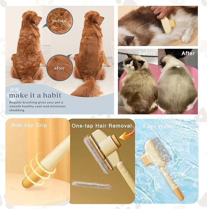 Electrostatic Pet Hair Remover Glove 5-Finger 2x Pack and Self Cleaning Pet Flea Comb Grooming Brush - Furniture& Car Hair Removal Kit Deep & Surface Hair Care (2-Gloves(Black)& 2-Combs(Green,Yellow))