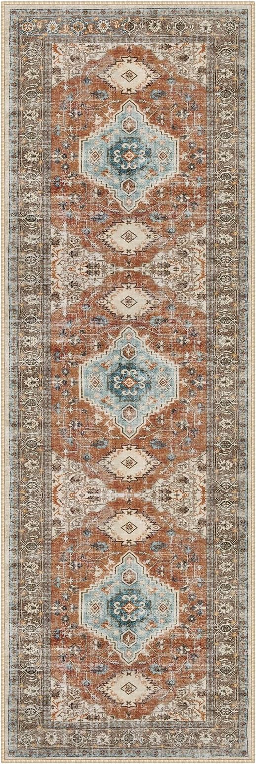 Lahome Oriental Hallway Runner Rug, 2.5x8 Kitchen Runner Non Slip Ultra-Thin, Soft Washable Hallway Rug Non Shedding Long Carpet for Entryway Laundry Room Bathroom Eleanor, Orange/Multi