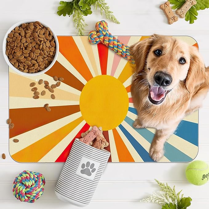 Retro 70s Rainbow Sunrise Swirl Dog Cat Food Mat,Absorbent Pet Feeding Mat for Food and Water, Non-Slip Dog Bowl Mats Floor Protector 12"x20"