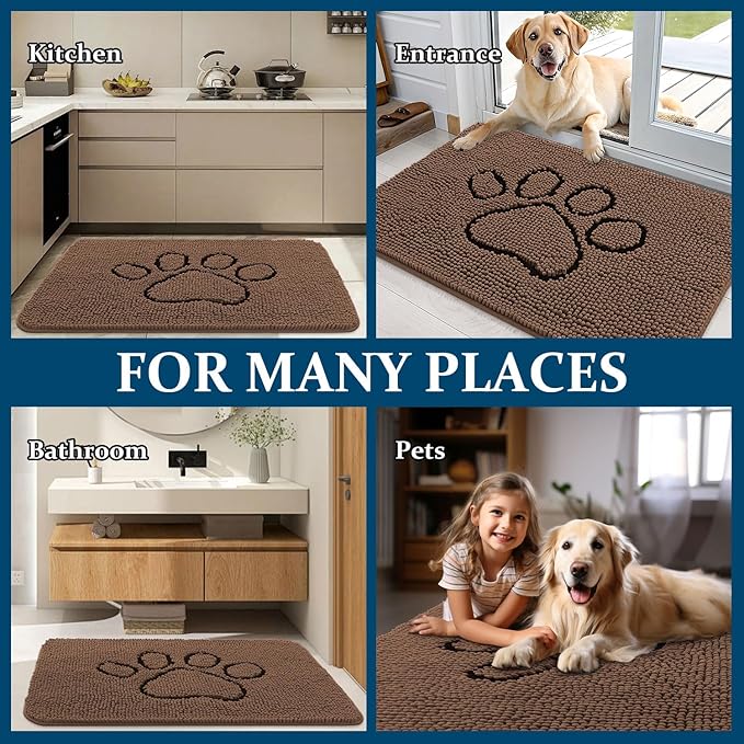 OLANLY Dog Door Mat for Muddy Paws 48x30, Paw Print Design, Absorbs Moisture and Dirt, Absorbent Non-Slip Washable Doormat, Quick Dry Chenille Mud Mat for Dogs, Entry Indoor Entryway Carpet, Mocha