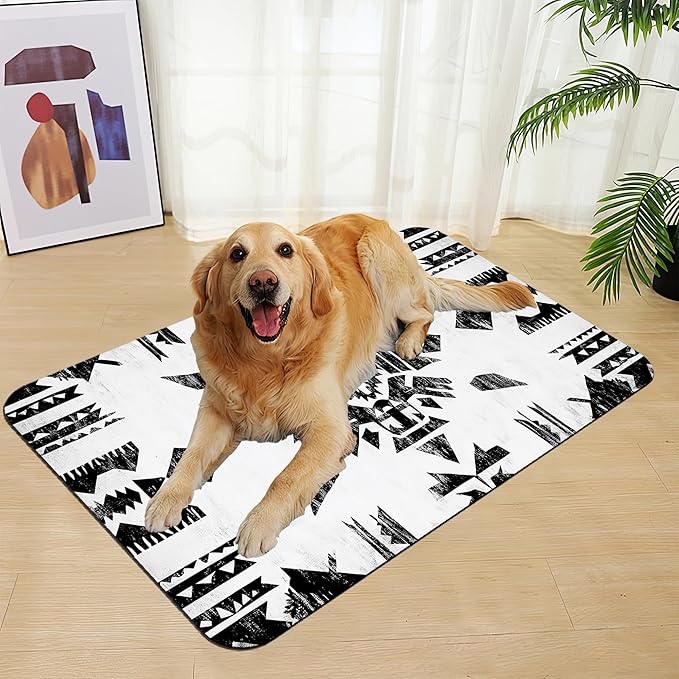 Black Boho Art Dog Food Mat–Absorbent Quick Dry Feeding Placemat for Food and Water Bowls, Non Slip Rubber Backing, Waterproof Pet Supplies for Mess-Free Eating 12"x20"