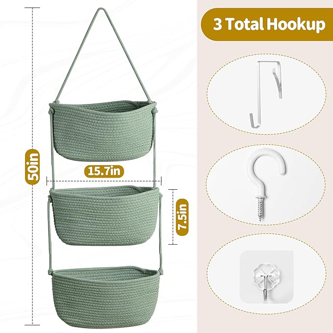 Over The Door Organizer Hanging Basket for Nursery Decor Stuffed Animal Storage Baskets Boho Wall Decor Basket for Bathroom Bedroom Playroom - Green
