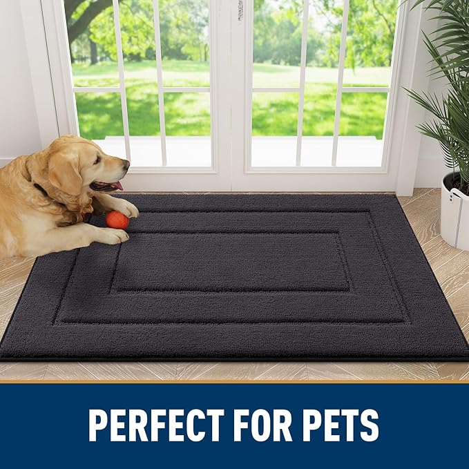 Smiry Dog Door Mat for Muddy Paws, Absorbs Moisture and Dirt, Low-Profile Entryway Mat with Non-Slip Backing, Entry Indoor Outdoor Doormat for Inside Floor (36x24 Inches, Dark Grey, Bordered)