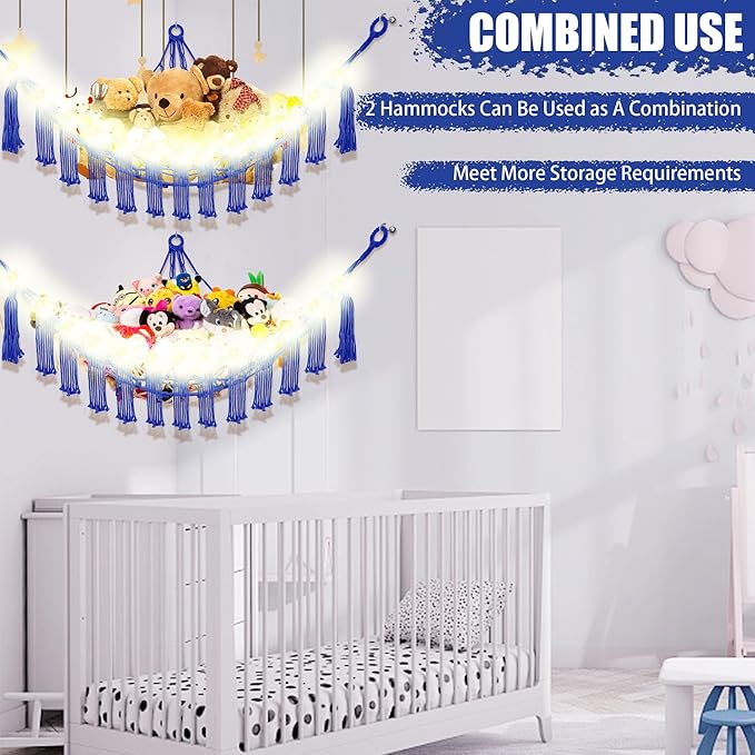 CERETIA Stuffed Animal Hammock with LED Light, Large Stuffed Animals Storage Corner Plushie Net for Kids Room Decor, Jumbo Royal Blue