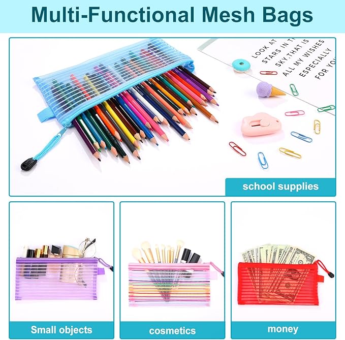 Leelosp 80 Pcs Mesh Zipper Pouch Bulk Back to School Pencil Storage Pouch Mesh Cosmetics Bags Toiletry Makeup Bags for Office Travel Organization(Solid Color,9 x 4.7 Inch)