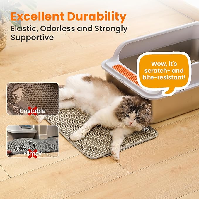 Small Cat Litter Mat, 20x14 Inches Double Layer Honeycomb Cat Litter Trapping Mat, Non Slip Waterproof Urine Proof Litter Box Mat for Floor, Kitty Litter Rug, Pet Supplies, Beige