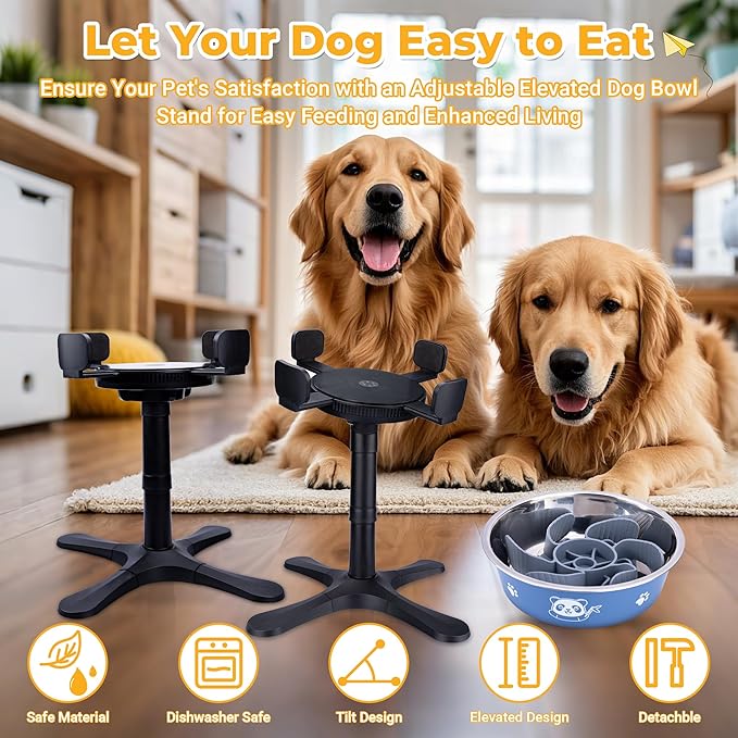 Elevated Slow Feeder Dog Bowl Adjustable Stand,Tilted ABS Base,Fits 5.5-9.5" Bowls, Anti-Spill & Non-Slip, Heavy Duty for Med/Large Dogs(with Stainless Steel Bowls 2 Pack)