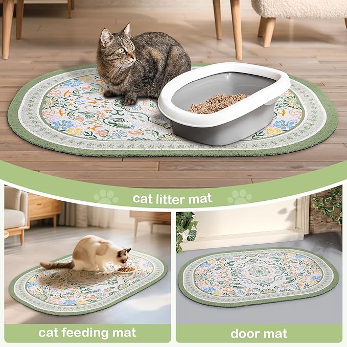 Bienbee Cat Litter Mat, 24" x 15" Litter Box Mat Rug with Non-Slip Bottom,Easy to Clean Cat Supplies Essentials for Indoor Kitty Kitten Floor, Bean-Green M