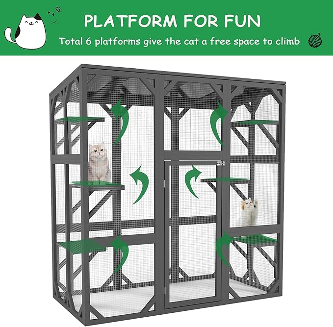 LOVMOR 60" Outdoor Catio with Six Platforms, Outdoor Cat Enclosure with Large Enter Door, Waterproof Roof, Safety Galvanized Steel Wire Mesh, Easy Installation