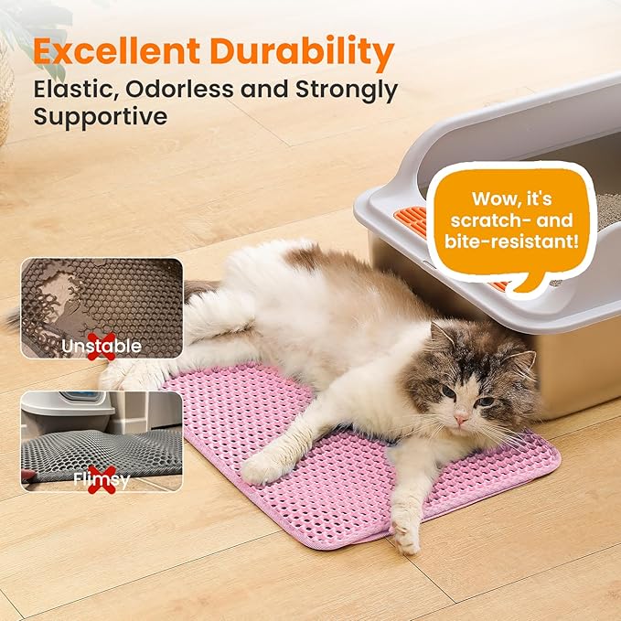 Small Cat Litter Mat, 20x14 Inches Double Layer Honeycomb Cat Litter Trapping Mat, Non Slip Waterproof Urine Proof Litter Box Mat for Floor, Kitty Litter Rug, Pet Supplies, Pink