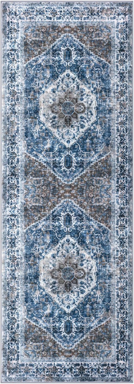 KOZYFLY Runners for Hallways 2x5 Ft Washable Kitchen Runner Rug Boho Runner Rug for Entryway Indoor Blue Printed Oriental Faux Wool Floor Carpet Runner for Laundry Room Kitchen Hall