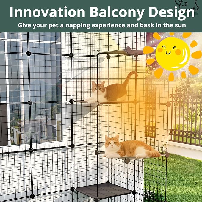 Oneluck Large Outdoor Cat House Catio Enclosure, DIY Cage Kennels Crate Spacious Exercise Place Ideal for 1-6 Cats, 55.1" L x 28.7" W x 69.8" H Balcony Playpen with 16 Platforms Super Large Door