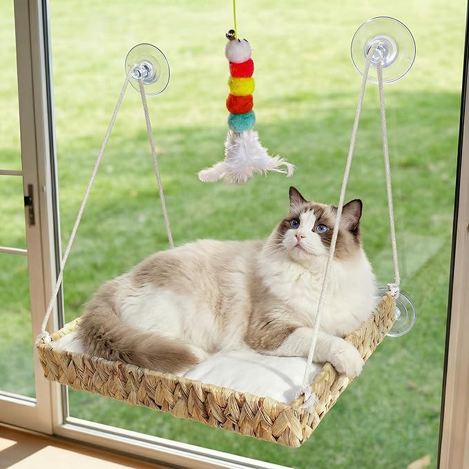 Cakhdry Cat Window Perch with Industrial-Grade Suction Cups and Ball Toy, Cat Window Hammock - 45 lbs Capacity, Handwoven Straw Sturdy Hanging Bed Seat Soft Cushion for Large Heavy Cats