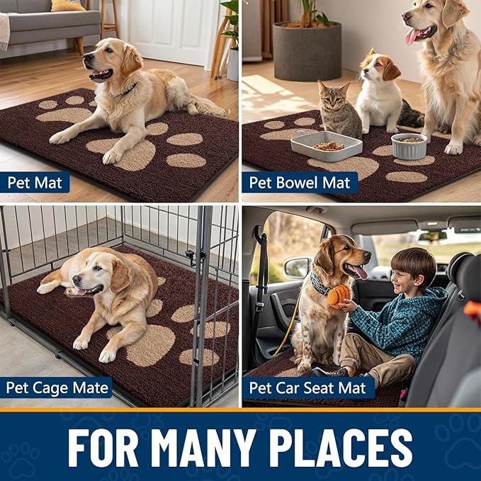 Smiry Dog Door Mat for Muddy Paws, Absorbs Moisture and Dirt, Low-Profile Entryway Mat with Non-Slip Backing, Entry Indoor Outdoor Doormat for Inside Floor (59x20 Inches, Brown, Paw)