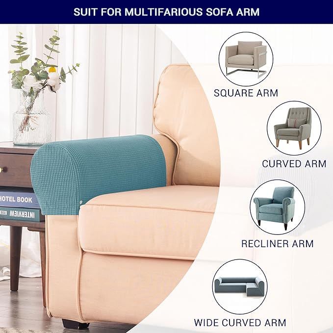 SUBRTEX Stretch Couch Arm Covers Set of 2, Checkered Sofa Arm Slipcovers, Anti-Slip Armrest Covers for Recliner and Armchairs, Pet Proof, High Stretchy, Hook & Loop Tape, Steel Blue