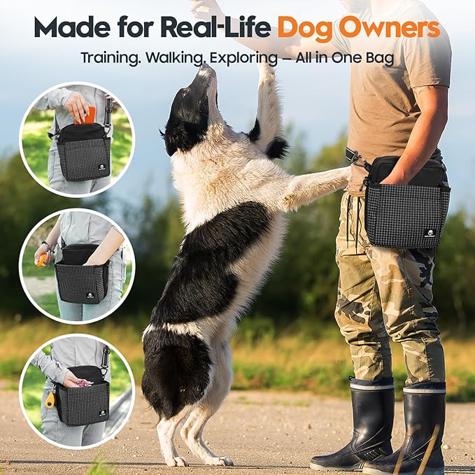 WILDOMS Dog Treat Pouch – Large Capacity with Magnetic Closure, Dog Walking Fanny Pack Built-in Poop Bag Dispenser, Clicker & Collapsible Bowl for Training & Walking - Black