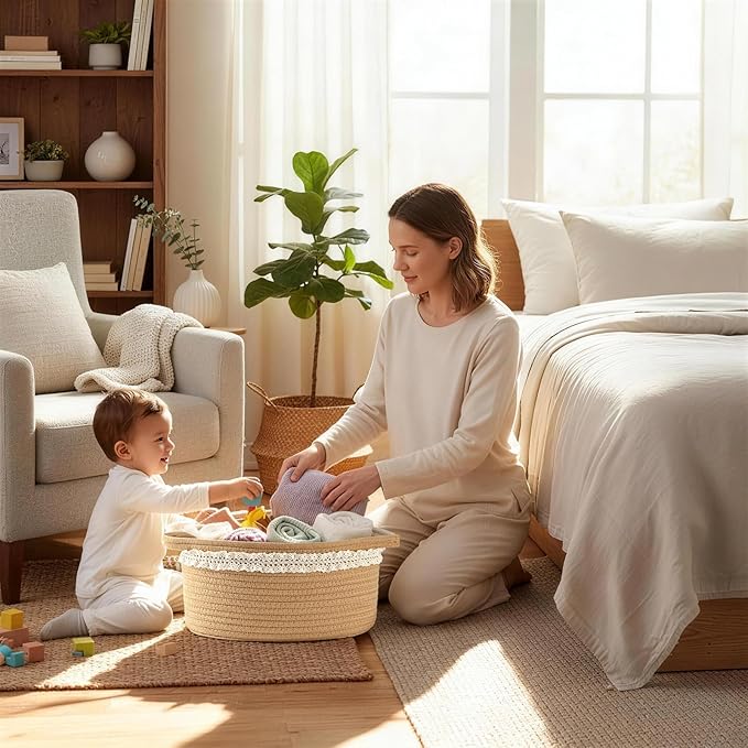 Brown Woven Cotton Rope Storage Basket with Lace Trim, Collapsible Toy Organizer, 13" D x 8" W x 6" H, Decorative Basket for Nursery