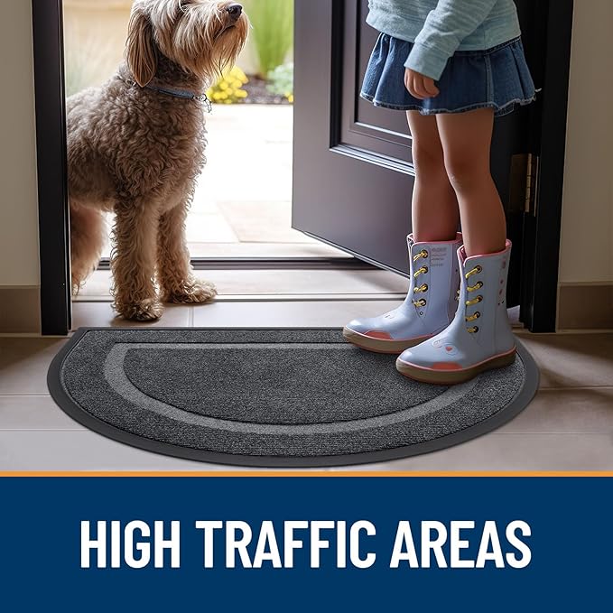 OLANLY Half Circle Door Mat Indoor Outdoor Entrance Welcome, Waterproof All-Season, All-Weather Doormat, Sturdy Natural Rubber, Low Profile, Easy Clean Patio Porch Entryway Mat, 71x47, Grey