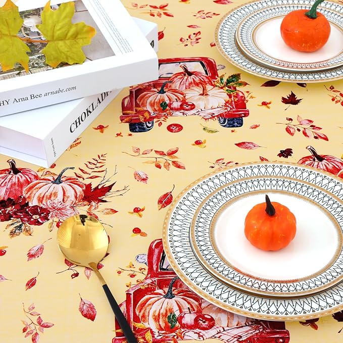 misaya Rectangle Vinyl Tablecloth, Fitted Table Cover, Waterproof, Elastic Edge, Flannel Backing, Plastic Table Cloth Fit 8 Foot Folding Tables for Fall, Thanksgiving (Pumpkin Truck, 30x96 inch)