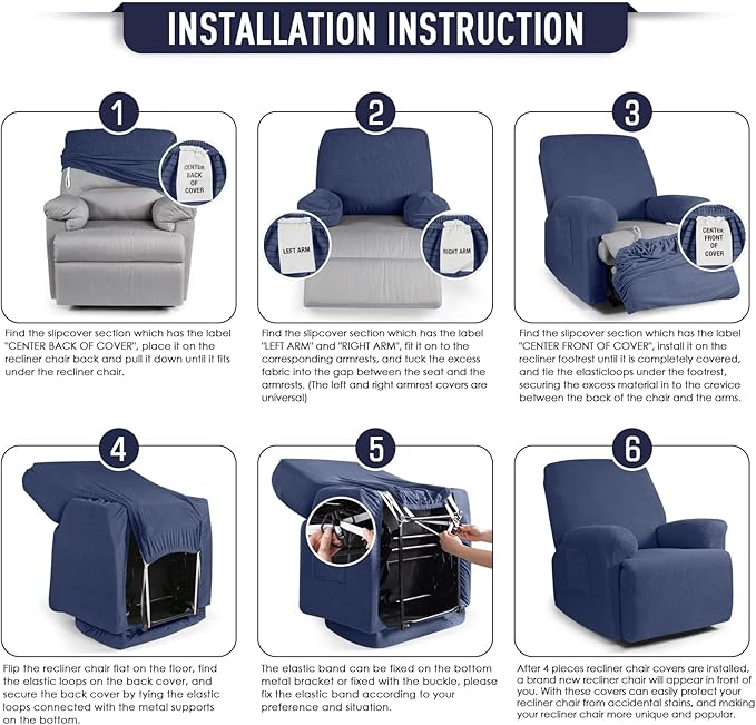 TAOCOCO Recliner Cover 4-Pieces, Recliner Stretch Sofa Slipcover, Recliner Cover 1 Seat, Couch Protector Soft, Furniture Protector Covers with Elastic,Chair Covers Jacquard Pattern (Navy Blue)