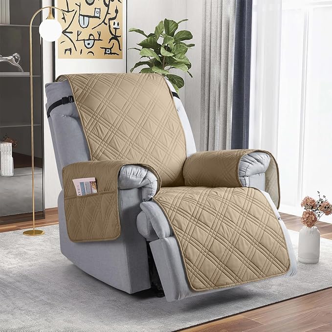 TAOCOCO 100% Waterproof Recliner Chair Cover, Non Slip Recliner Covers for Recliner Chair with Pocket, Washable Reclining Chair Cover Furniture Protector for Kids,Dogs(23.6'', Camel)