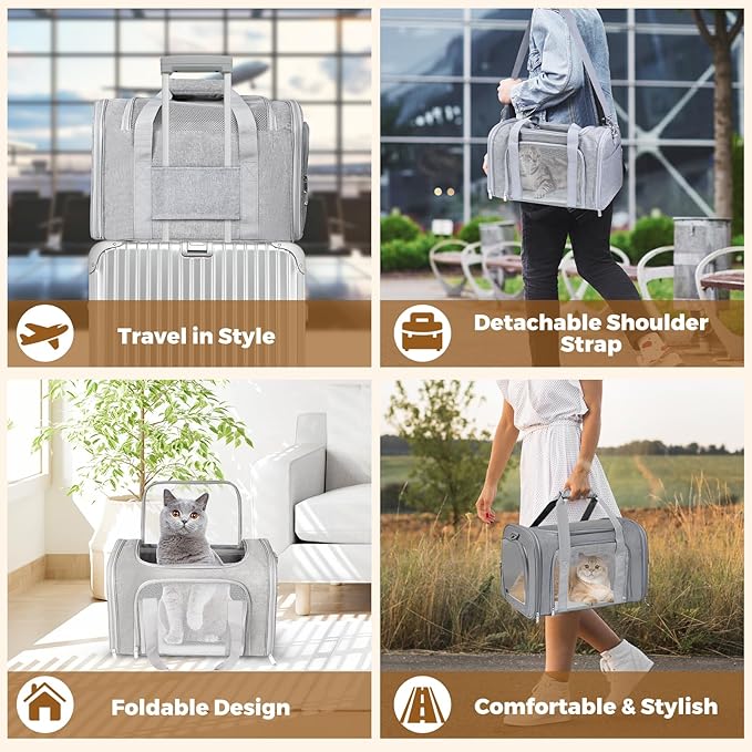 FOORLON Cat Carrier Soft for Pets Up to 15 Lbs, Cat Travel Bag Soft-Sided with Padded Shoulder Strap, Pet Dog Carriers for Small Dogs Travel Puppy Carry Airline Approved, Grey