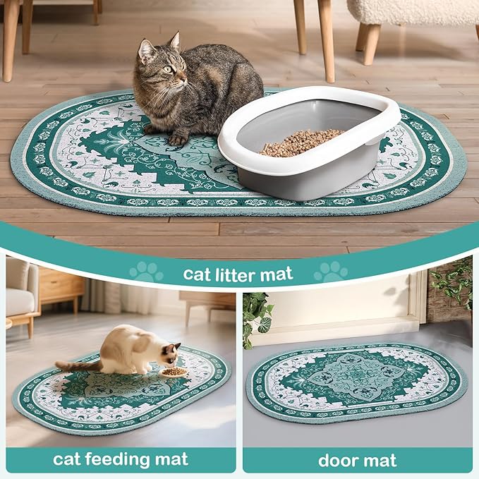 Bienbee Cat Litter Mat, 24" x 15" Litter Box Mat Rug with Non-Slip Bottom, Easy to Clean Cat Supplies Accessories Essentials for Indoor Kitty Kitten Floor, Green M