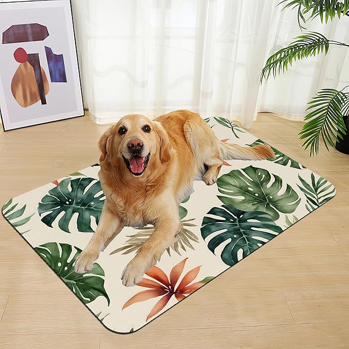 Boho Tropical Palm Pet Feeding Mat–Christmas Stocking Quick Dry Absorbent Dog Cat Food Mat, Non Slip Waterproof Bowl Placemat for Messy Eaters, Pet Accessories for Floors 12"x20"