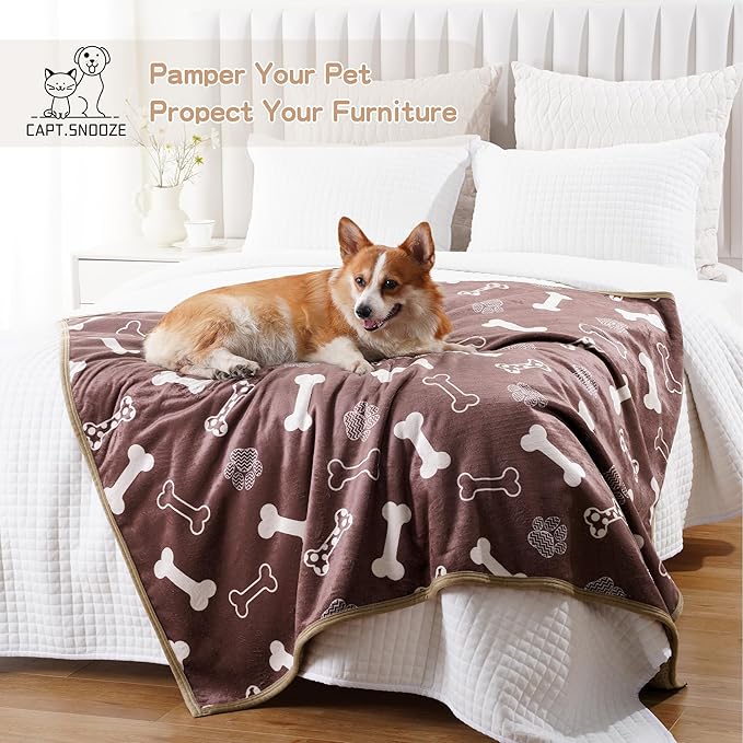 CAPT.SNOOZE Waterproof Dog Blankets Pet Blanket 50"x60", Soft Fluffy Sofa Car Bed Protector, Reversible Sherpa Fleece Dog Blanket for Large Dogs (Chocolate Brown-Bones)