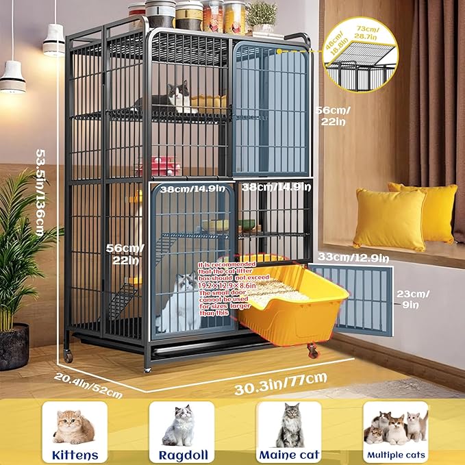 Collapsibles Cat Cages Indoor,Portable Cats Enclosures 2/3/4-Tier,Heavy-Duty Cat Playpens with Universal Wheels,Large Metal Animal cage Pet Crate No Assemblys Required (Black, 4-Tier (No Litter Box))