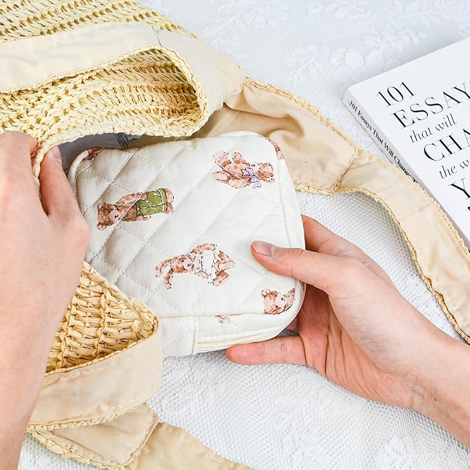 Small Floral Quilted Makeup Bag, Coquette Aesthetic Travel Toiletry Organizer for Women, Lightweight Cotton Cosmetic Pouch