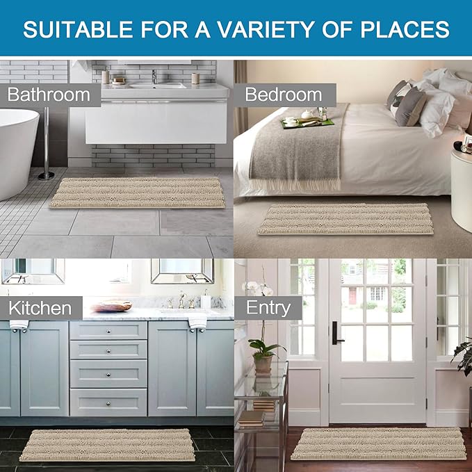 H.VERSAILTEX Bath Rugs for Bathroom Non Slip Bath Mats Thick Chenille Striped Bath Rug Runners 47" x 17" Absorbent Fluffy Soft Shaggy Mats Dry Fast Plush Area Carpet for Bath Room - Fog