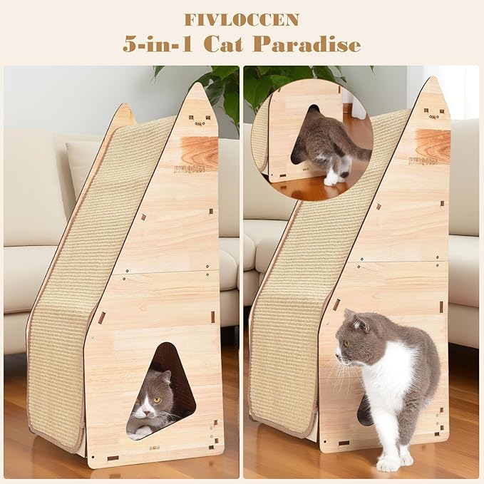 large Cat Scratching Post with Bed: Modern Sisal Cat Scratcher & Wood Frame, Integrated Cat Scratch Pad Post Condo Tunnel. All-in-One Space Saver for Multi-Cat & Budget-Friendly Homes (24in)