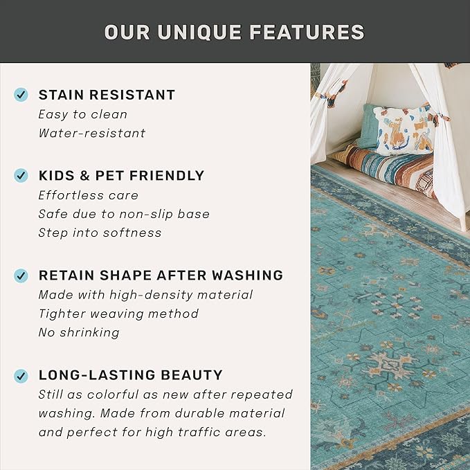 Teal 7x10 Large Rug for Living Room, Washable Soft Area Rugs for Bedroom Under Bed, Dining Room, Floral Pattern Vintage Turquoise Décor Indoor, Non Slip Low Pile & Soft Carpet